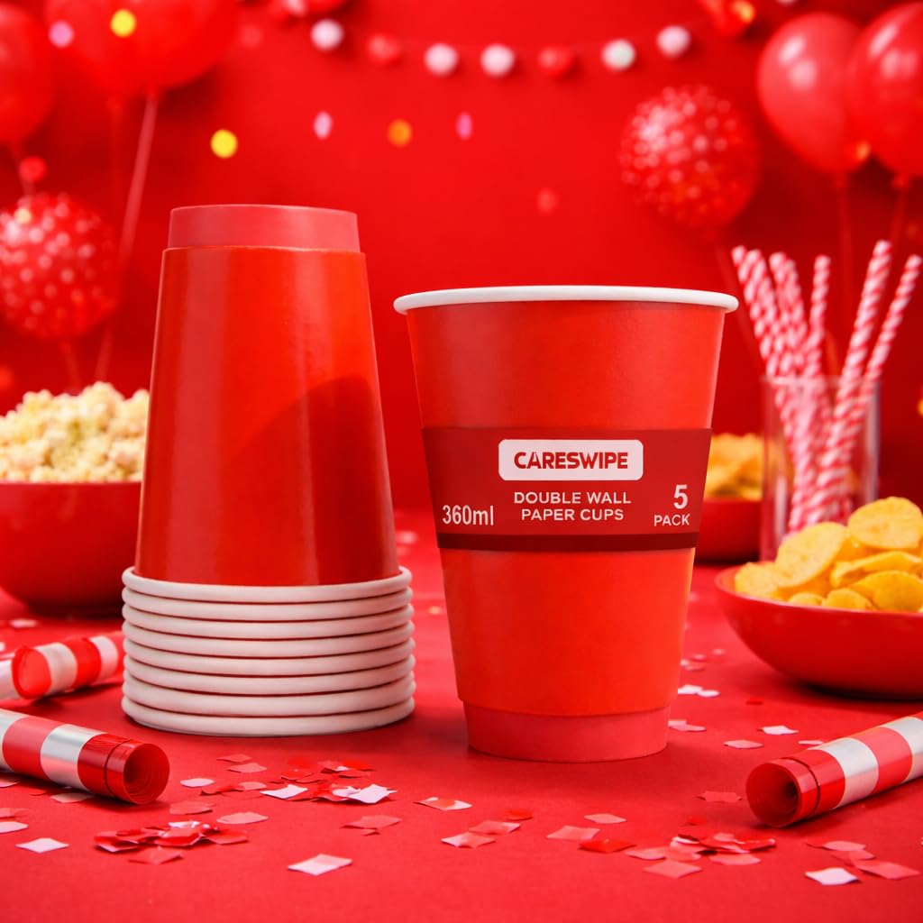 Careswipe Red Party Paper Cups Size 360 ML 100 Pcs in 1 Carton Box - Direct Supply for Hotels, Office, Retail, Bulk Wholesale Supply