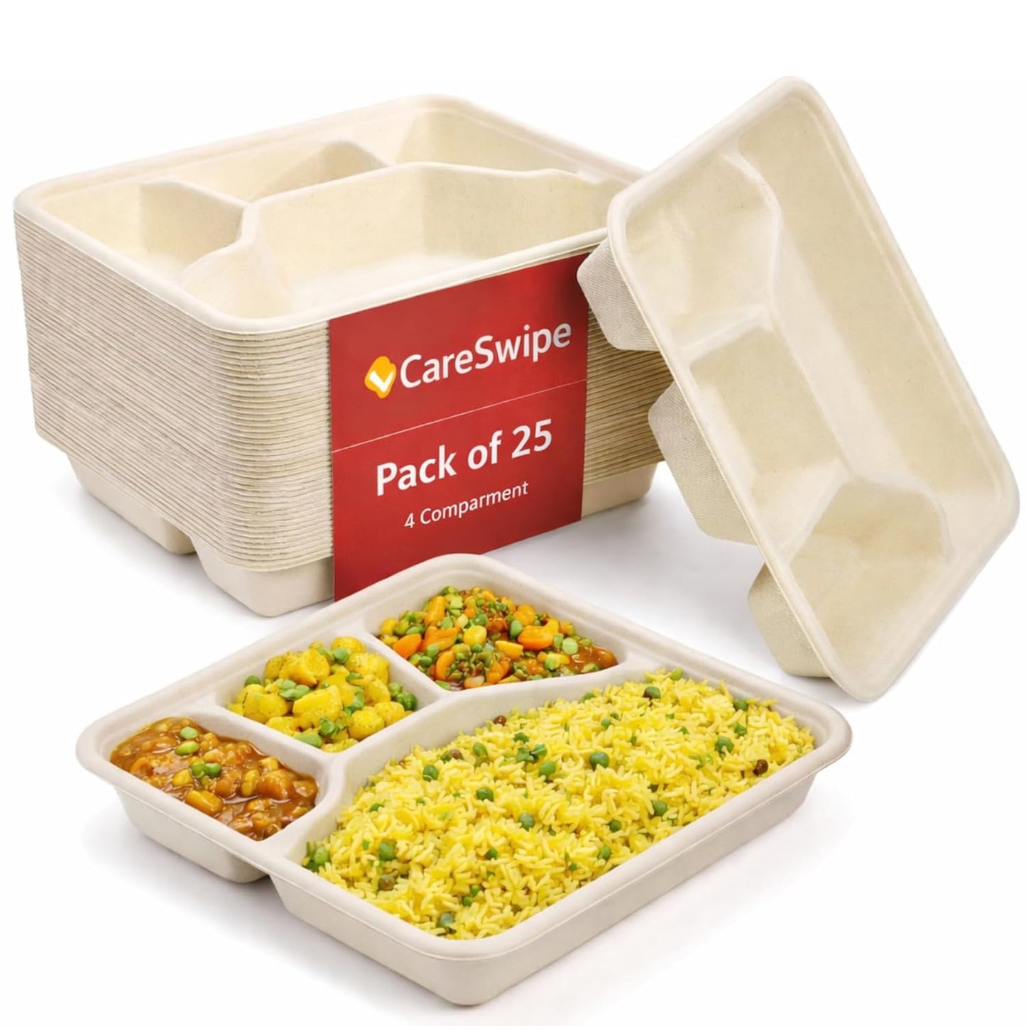 Careswipe disposbale plates I meal tray I 4 compartment - 1 pack 25 PCS in 1 Master Box 18 Packets Per Carton Total 450 Pcs
