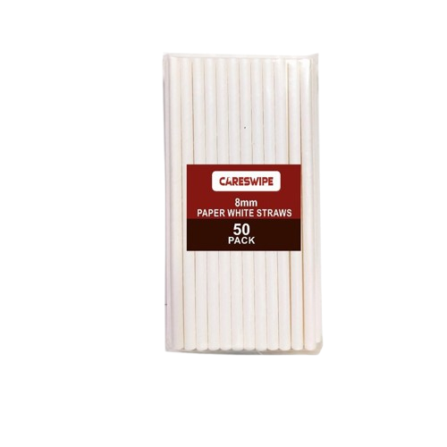 Careswipe White Disposables Paper Starws 8mm 50 pcs in 1 Master Box 120 Packets Per Carton Total 6000 Pcs