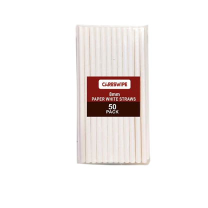 Careswipe White Disposables Paper Starws 8mm 50 pcs in 1 Master Box 120 Packets Per Carton Total 6000 Pcs