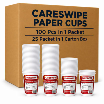 Careswipe Paper Cups 200 ML 100 Pcs Per Packet 25 Packet in 1 Carton Box - Direct Supply for Hotels, Office, Retail, Bulk Wholesale Supply