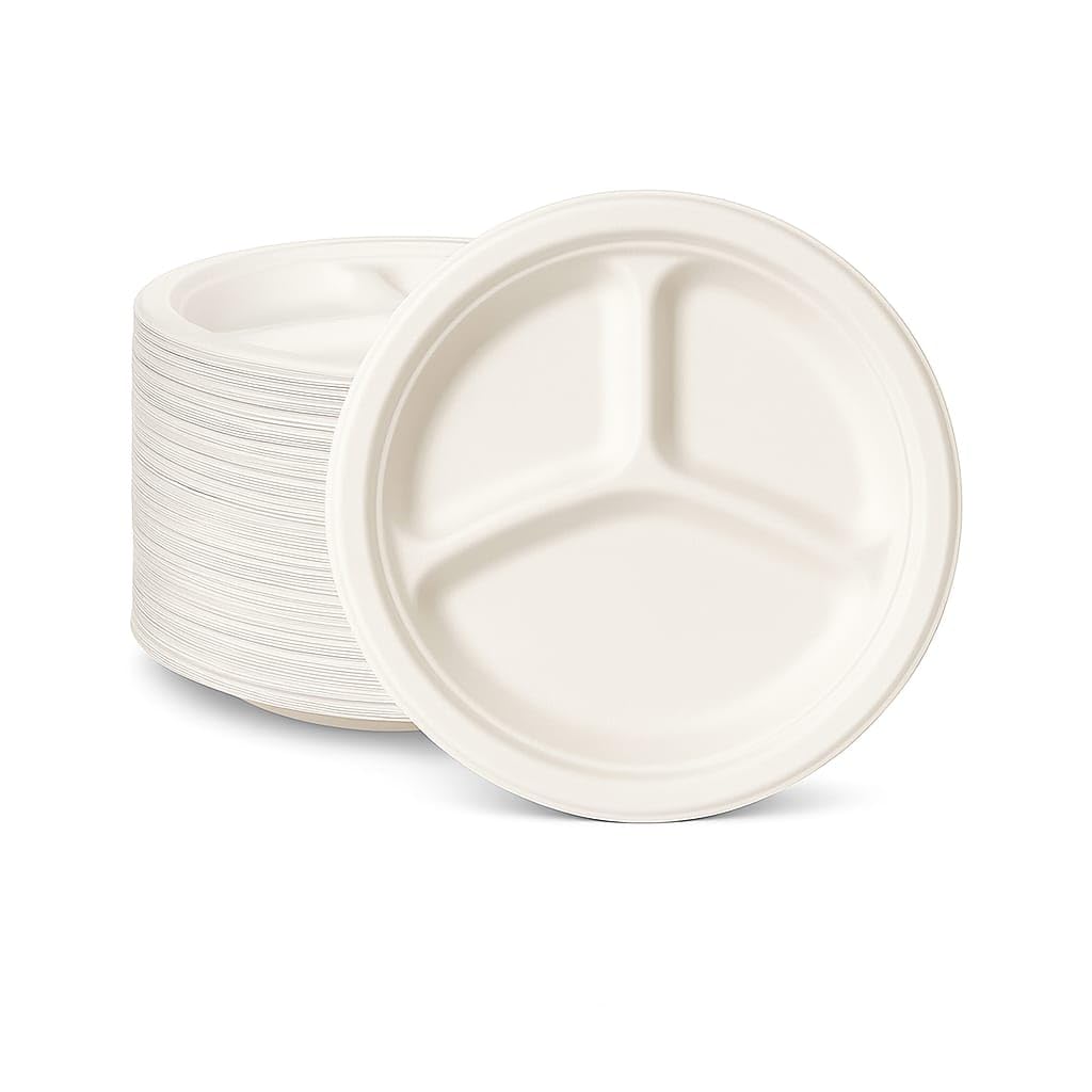 Careswipe 3 Compartment Disposable Plates 10 inches 15 pcs in 1 Master Box 50 Packets per Carton Total 750 Pcs