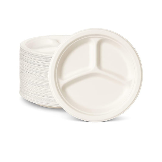 Careswipe 3 Compartment Disposable Plates 10 inches 15 pcs in 1 Master Box 50 Packets per Carton Total 750 Pcs