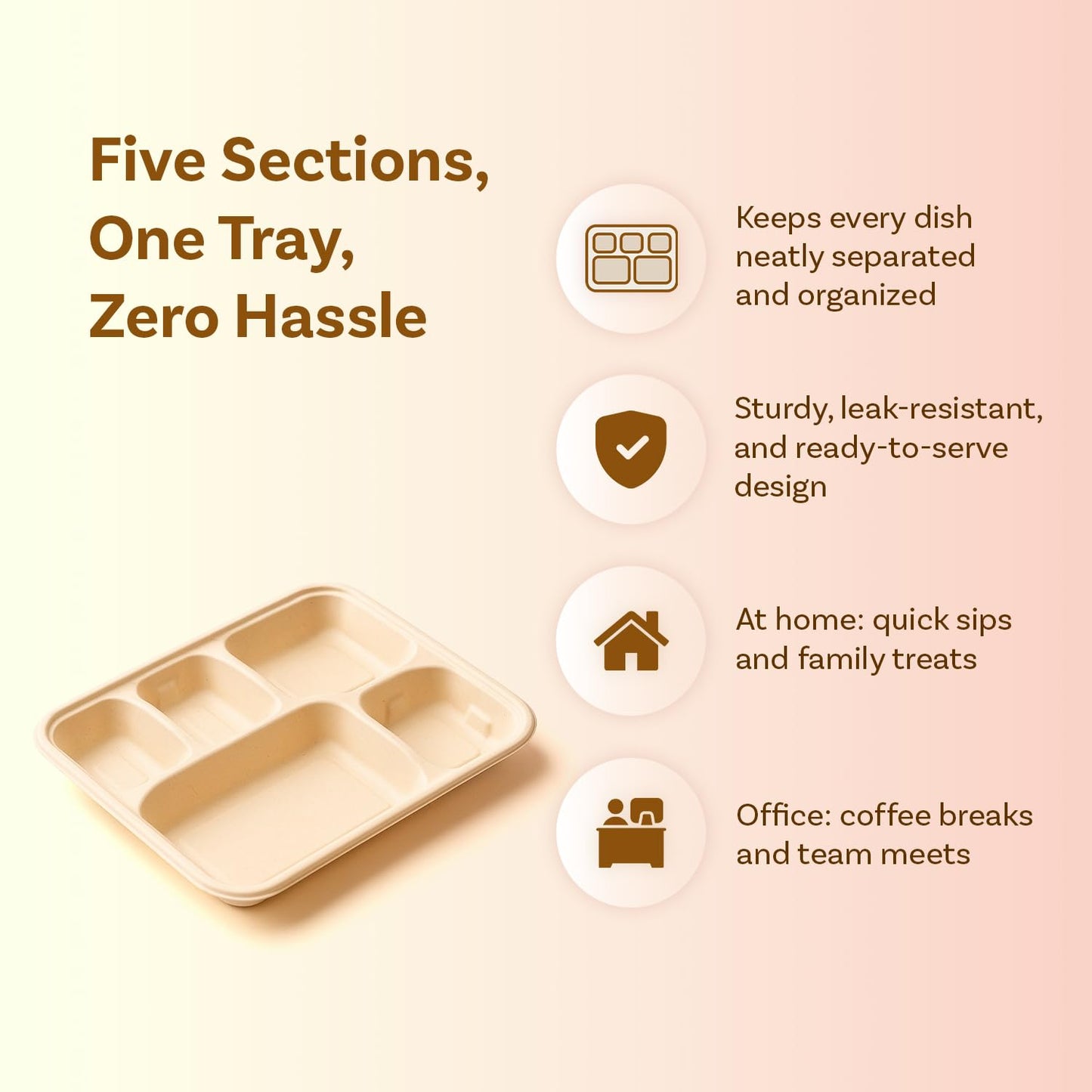Careswipe disposbale plates I meal tray I 5 compartment - 1 pack 25 PCS in 1 Master Box 16 Packets per Carton Total 400 Pcs