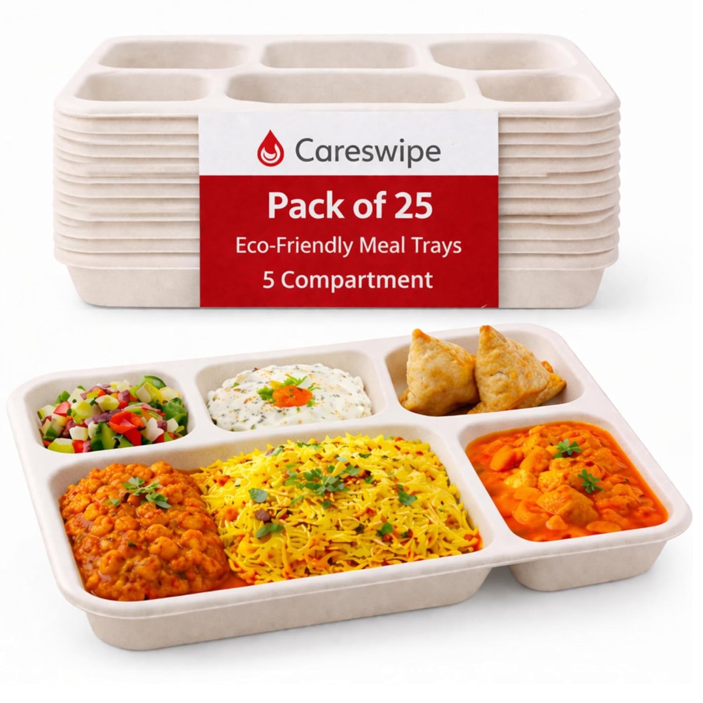 Careswipe disposbale plates I meal tray I 5 compartment - 1 pack 25 PCS in 1 Master Box 16 Packets per Carton Total 400 Pcs