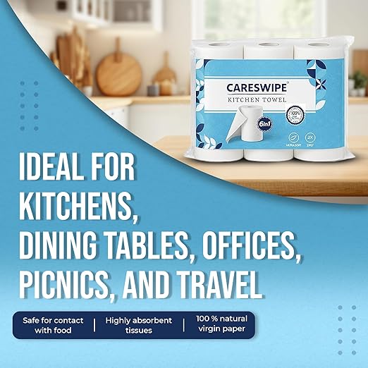 Careswipe 2 Ply Kitchen Tissue Paper Roll 6 Roll Per Packet 8 Packet in 1 Carton Box - Direct Supply for Hotels, Office, Retail, Bulk Wholesale Supply
