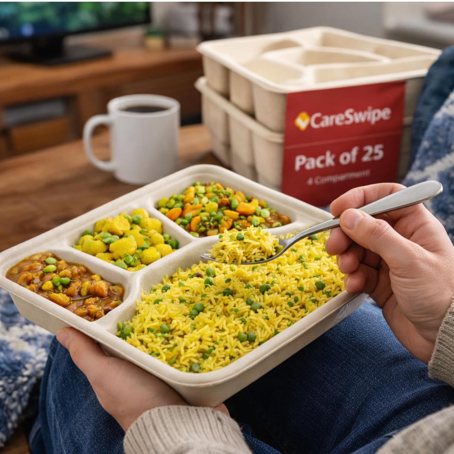 Careswipe disposbale plates I meal tray I 4 compartment - 1 pack 25 PCS in 1 Master Box 18 Packets Per Carton Total 450 Pcs