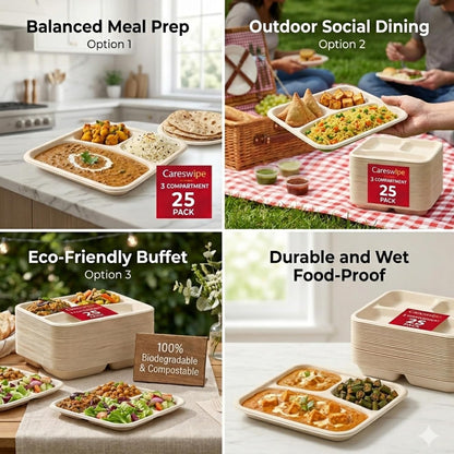 Careswipe disposbale plates I meal tray I 3 compartment - 1 pack 25 PCS in 1 Master Box 34 Packets Per Corton Total 850 Pcs