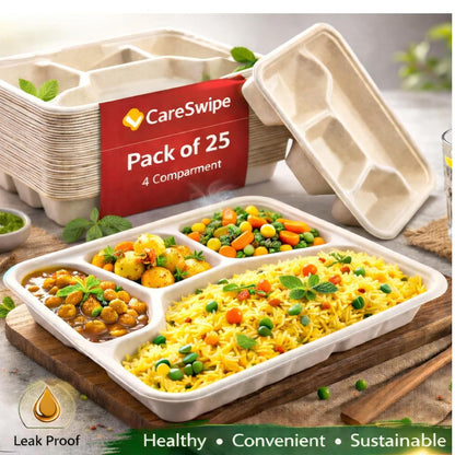 Careswipe disposbale plates I meal tray I 4 compartment - 1 pack 25 PCS in 1 Master Box 18 Packets Per Carton Total 450 Pcs