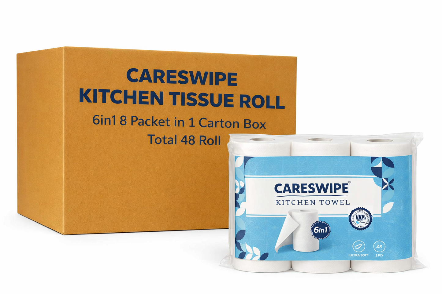 Careswipe 2 Ply Kitchen Tissue Paper Roll 6 Roll Per Packet 8 Packet in 1 Carton Box - Direct Supply for Hotels, Office, Retail, Bulk Wholesale Supply