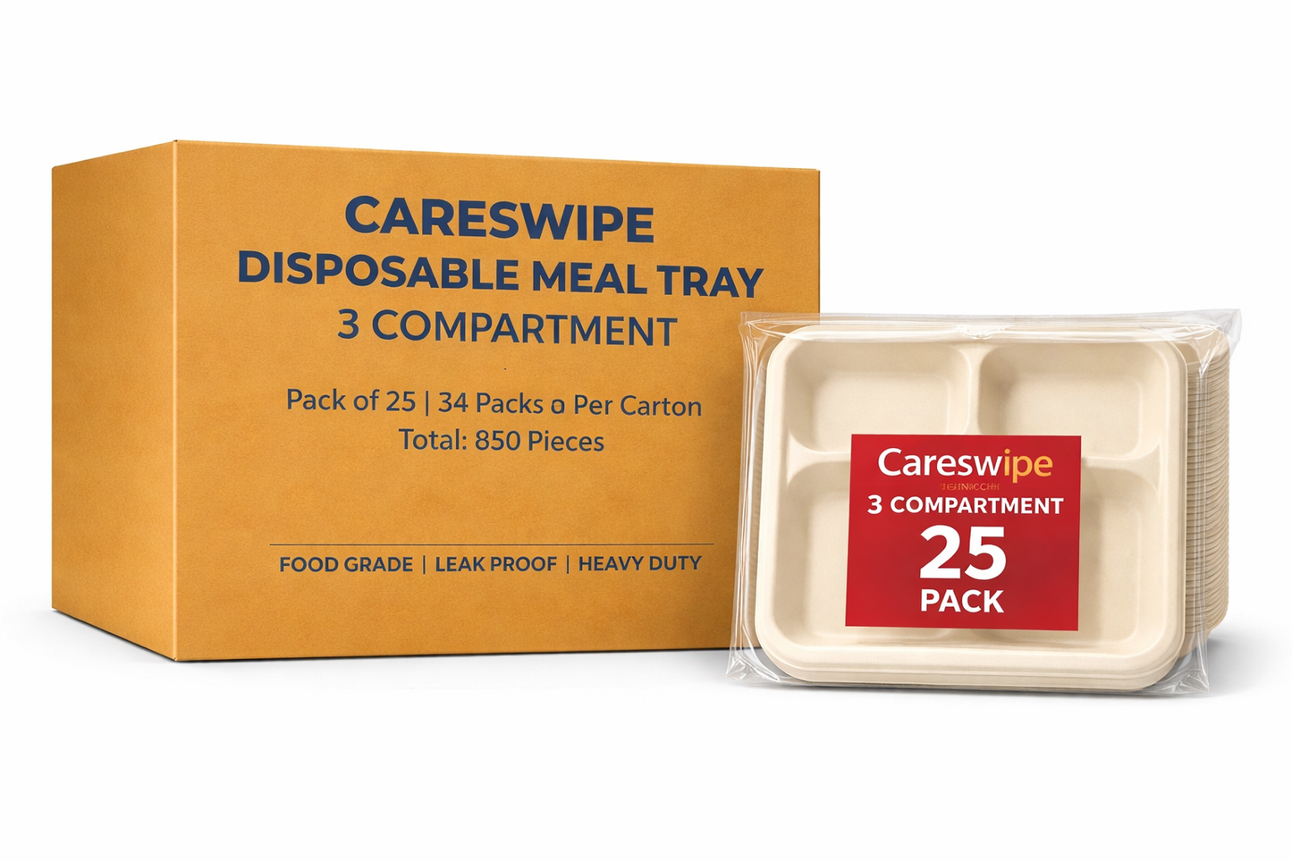 Careswipe disposbale plates I meal tray I 3 compartment - 1 pack 25 PCS in 1 Master Box 34 Packets Per Corton Total 850 Pcs