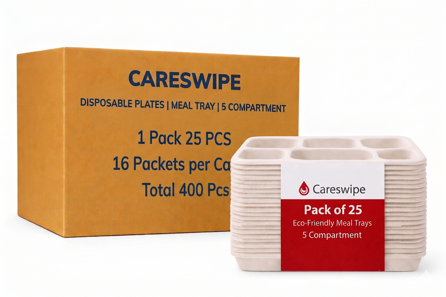 Careswipe disposbale plates I meal tray I 5 compartment - 1 pack 25 PCS in 1 Master Box 16 Packets per Carton Total 400 Pcs