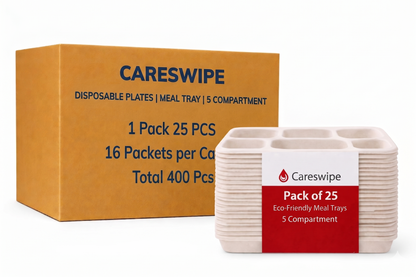 Careswipe disposbale plates I meal tray I 5 compartment - 1 pack 25 PCS in 1 Master Box 16 Packets per Carton Total 400 Pcs