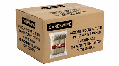 Careswipe Wooden Spoons Cutlery 14cm 50 pcs in 1 Master Box 150 Packets Per Carton  Total 7500 Pcs