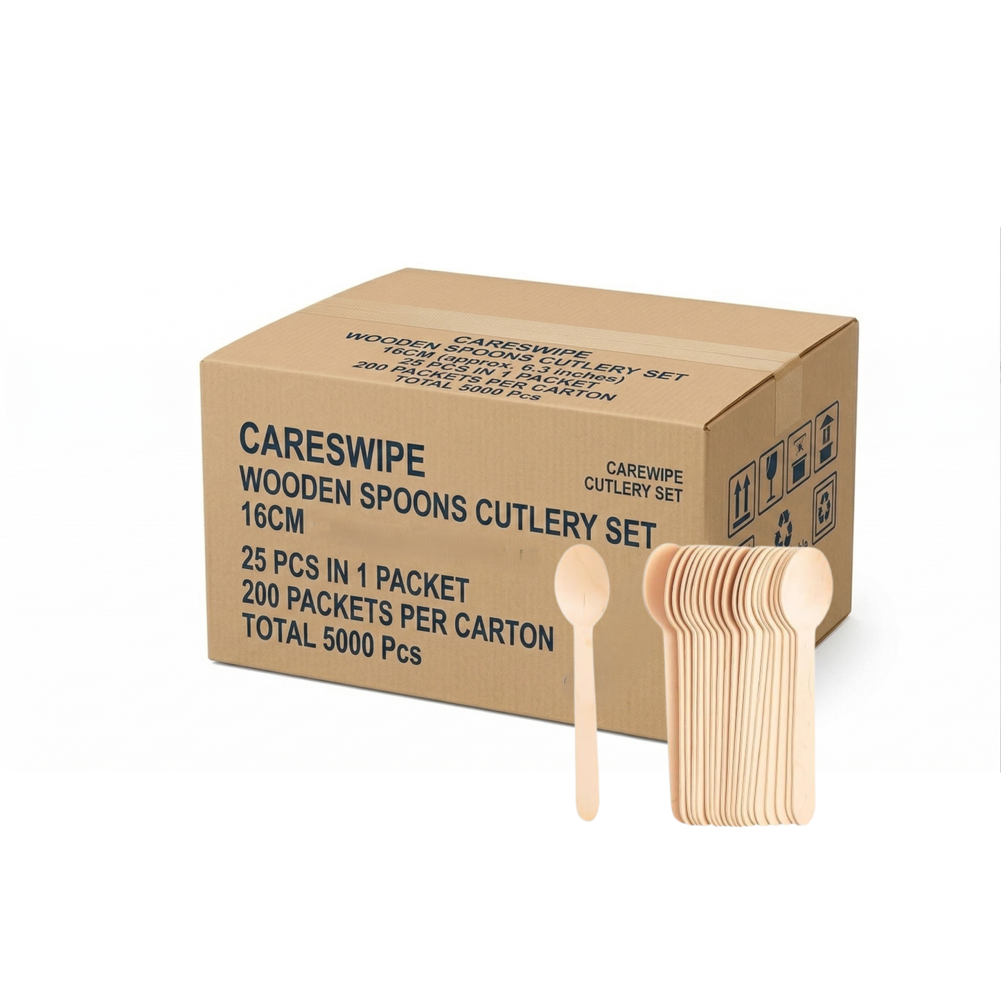 Careswipe Wooden Spoons Cutlery Set 16cm 25 pcs in 1 Master Box 25 Packets Per Carton Toal 5000 Pcs