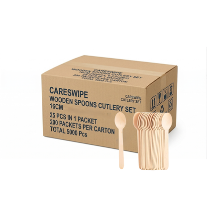 Careswipe Wooden Spoons Cutlery Set 16cm 25 pcs in 1 Master Box 25 Packets Per Carton Toal 5000 Pcs