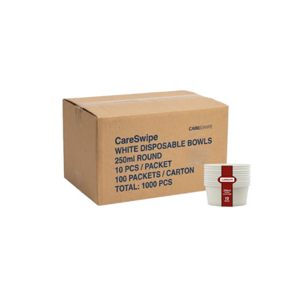 Careswipe White 250ml Round Disposable Bowl 10 pcs in 1 Master Box 100 Packets Per Carton Total 1000 Pcs