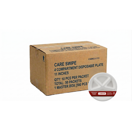 Careswipe 4 Compartment Disposable Plate 11 inches 10 pcs in 1 Master Box 50 Packets Per Carton Total 500 Pcs