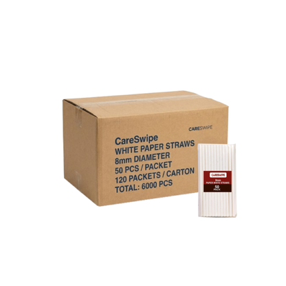 Careswipe White Disposables Paper Starws 8mm 50 pcs in 1 Master Box 120 Packets Per Carton Total 6000 Pcs
