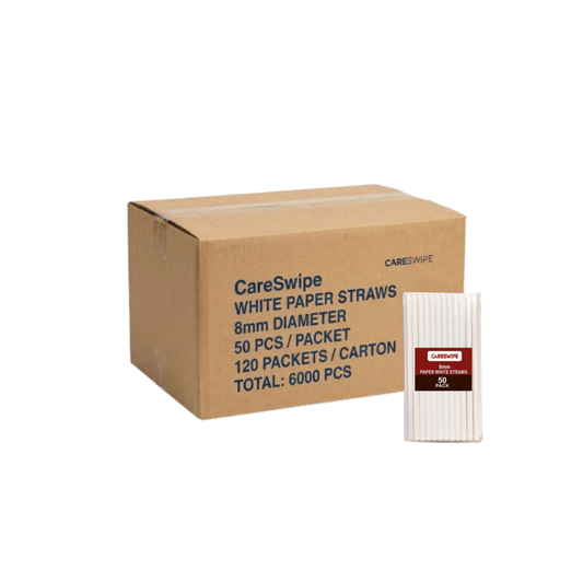 Careswipe White Disposables Paper Starws 8mm 50 pcs in 1 Master Box 120 Packets Per Carton Total 6000 Pcs