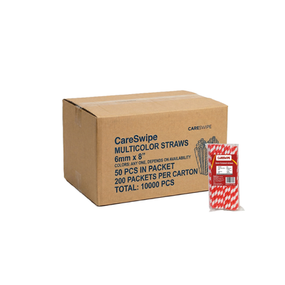 Careswipe Multicolor Straws 6mm x 8" colord any one depend on avaibility 50 pcs in  1 Master Box 200 Packets Per Carton Total 10000 Pcs