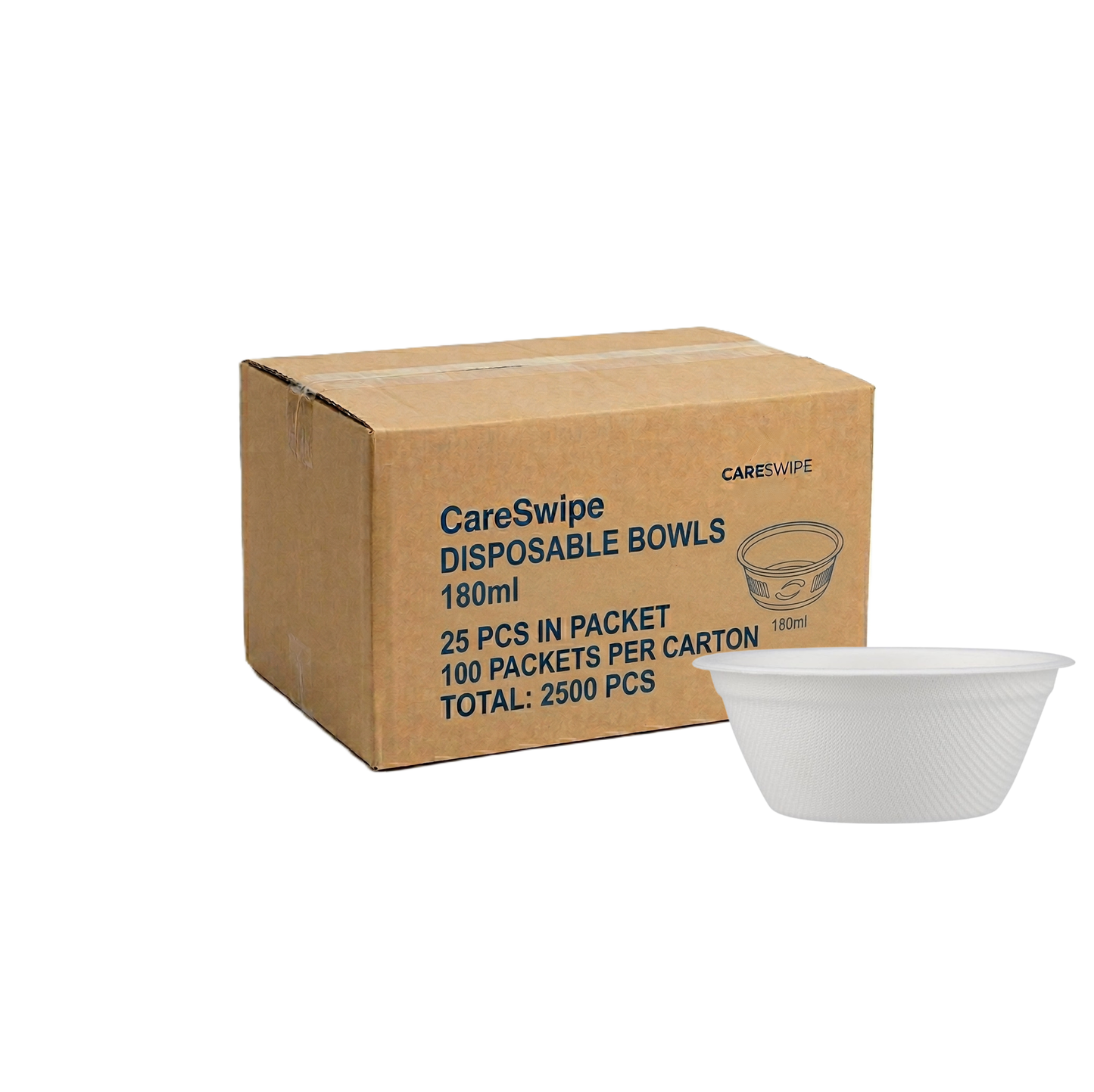 Careswipe Disposable Bowl 180ml. 25 pcs in 1 Master Box 100 Packets Per Carton Total 2500 Pcs