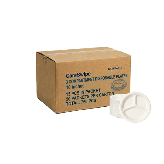 Careswipe 3 Compartment Disposable Plates 10 inches 15 pcs in 1 Master Box 50 Packets per Carton Total 750 Pcs
