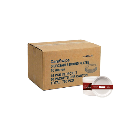 Careswipe Disposable Round Plates 10 inches 15 pcs in 1 Mater Box 50 Packets Per Carton Total 750 Pcs